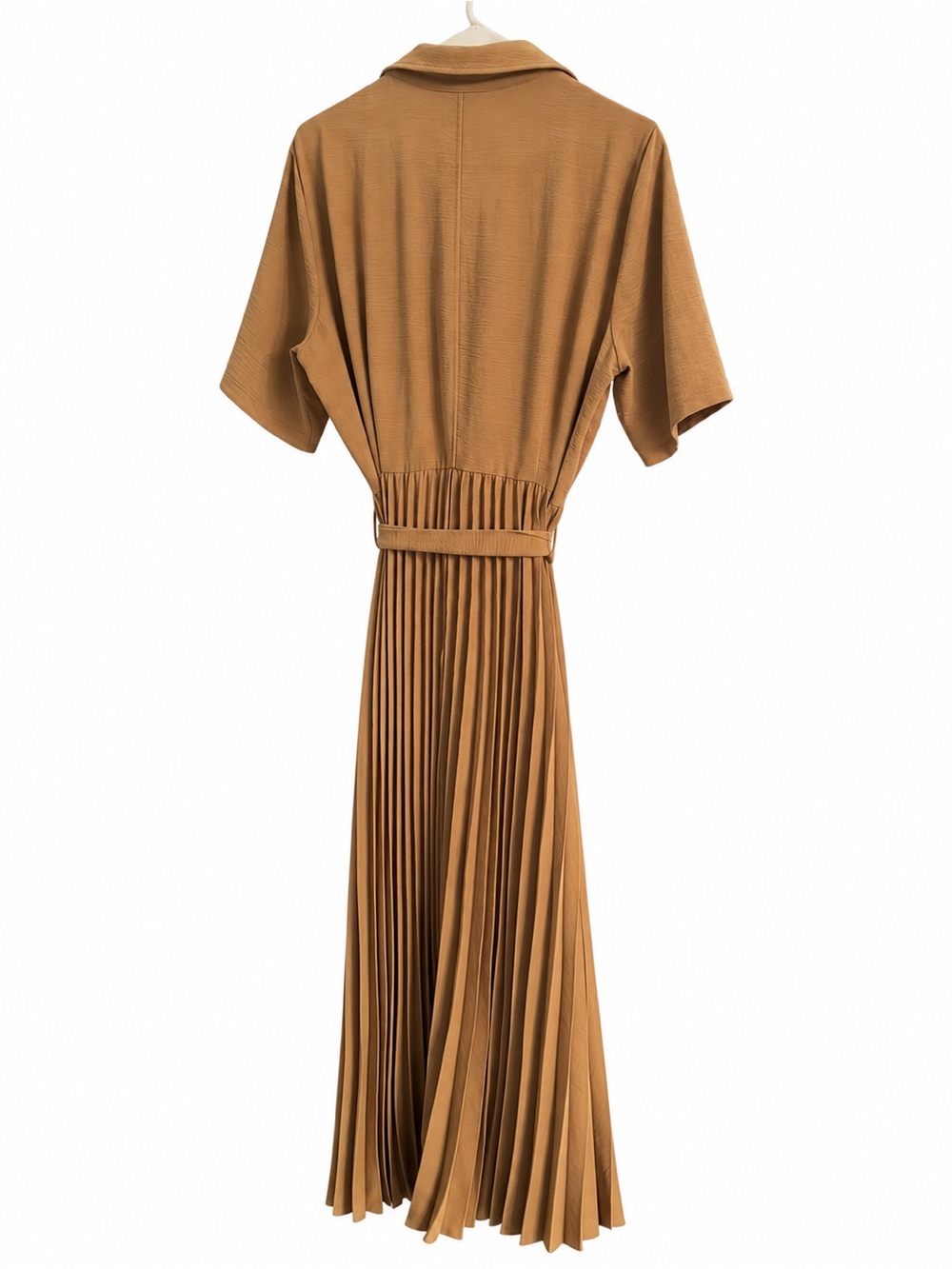 Nina Leonard Tan Pleated Button Front Belted Midi Shirt Dress M - Picture 4 of 6